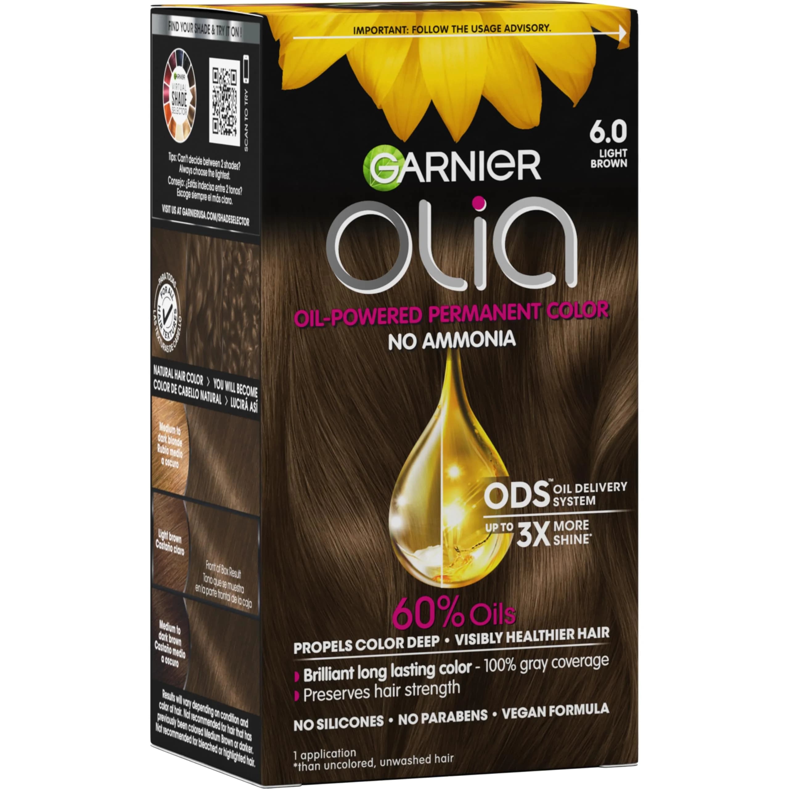 Garnier Olia Hair Color 6.0 Light Brown | Oil-Powered, Ammonia-Free, 100% Gray Coverage — 6.0 Light Brown