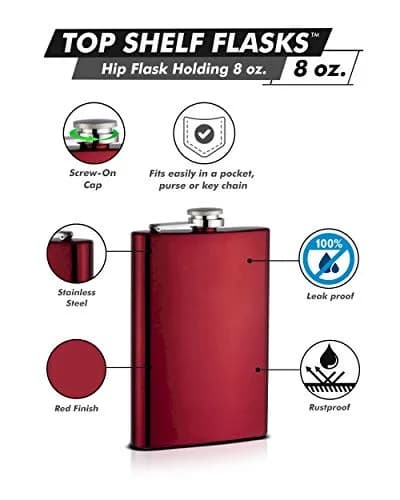 Top Shelf Flasks 8oz Hip Flask Red | Leak Proof Cap for Men & Groomsmen thumbnail 1