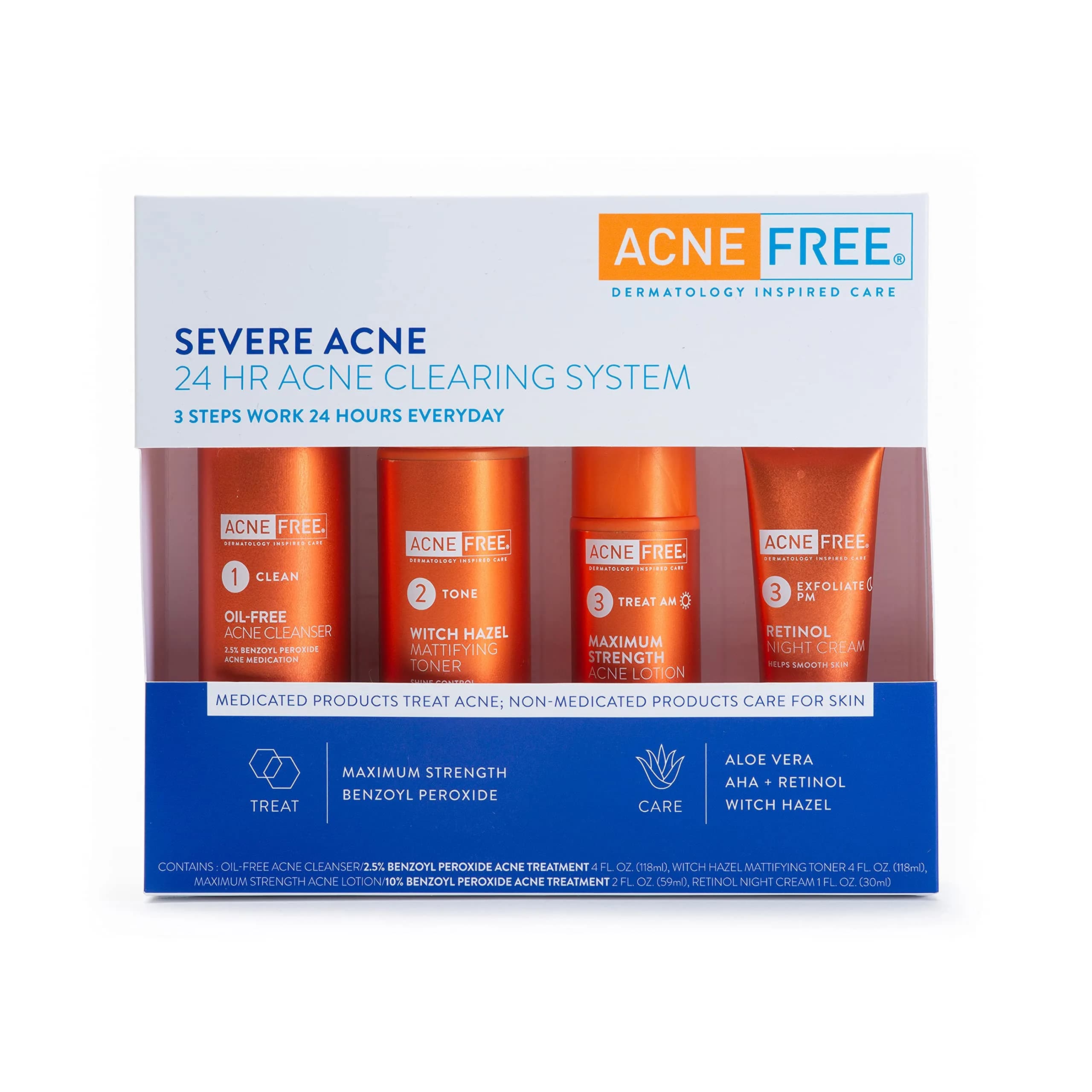 AcneFree Severe Acne 24 Hour Clearing System for stubborn acne | 4 Step Routine Kit with Benzoyl Peroxide & Retinol — Lotion