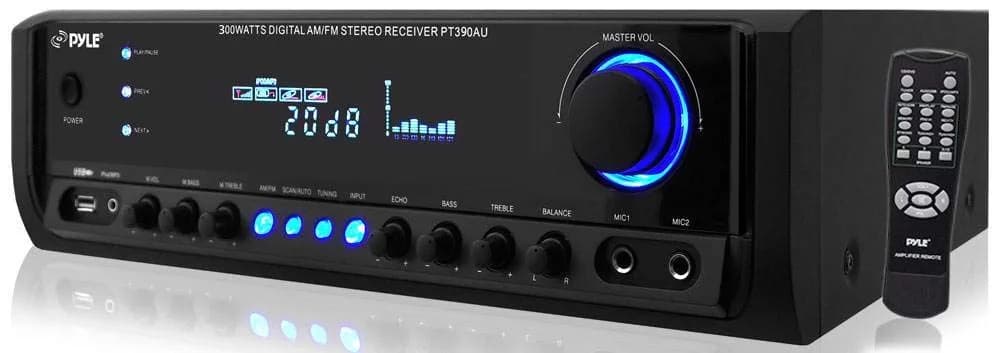 Pyle 300W 4-Channel Home Audio Power Amplifier | Stereo Receiver with USB, RCA, AUX, Mic Inputs, Echo, LED, EQ, Digital Display, Remote — Amplifier Basic