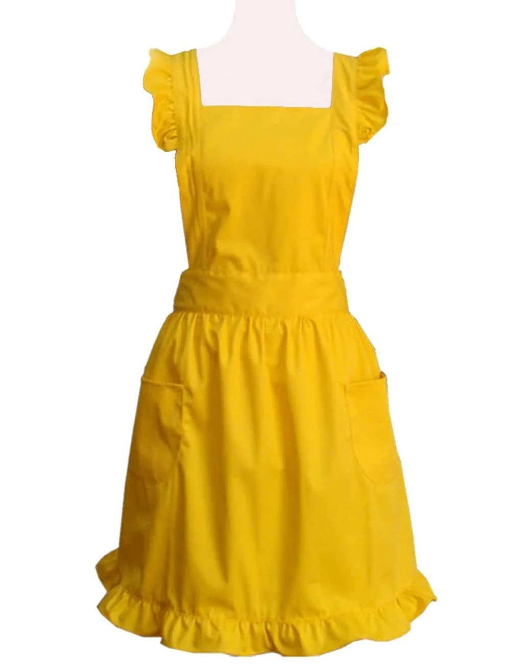 Hyzrz Lovely Yellow Handmade Cotton Retro Aprons for Women Cake Kitchen Cook with Pockets