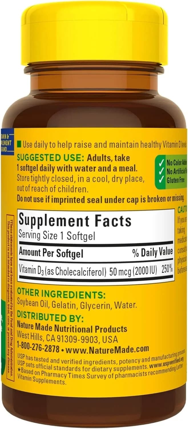 Nature Made Vitamin D3 2000 IU Liquid Softgels 180 Count (90 ea x 2) | USP-Verified Bone & Immune Support - view 6
