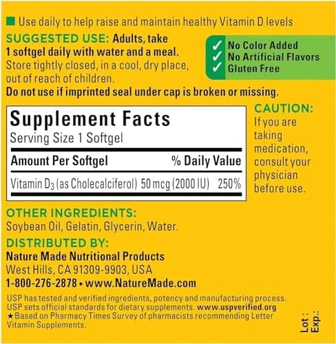 Nature Made Vitamin D3 2000 IU Liquid Softgels 180 Count (90 ea x 2) | USP-Verified Bone & Immune Support thumbnail 2