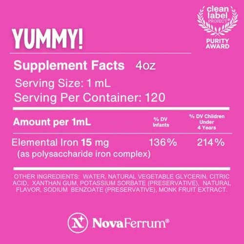 NovaFerrum Yummy Pediatric Drops Liquid Iron Supplement 15mg (4 Fl Oz / 120 mL) | Clinically Proven Safe & Effective Iron for Kids thumbnail 3