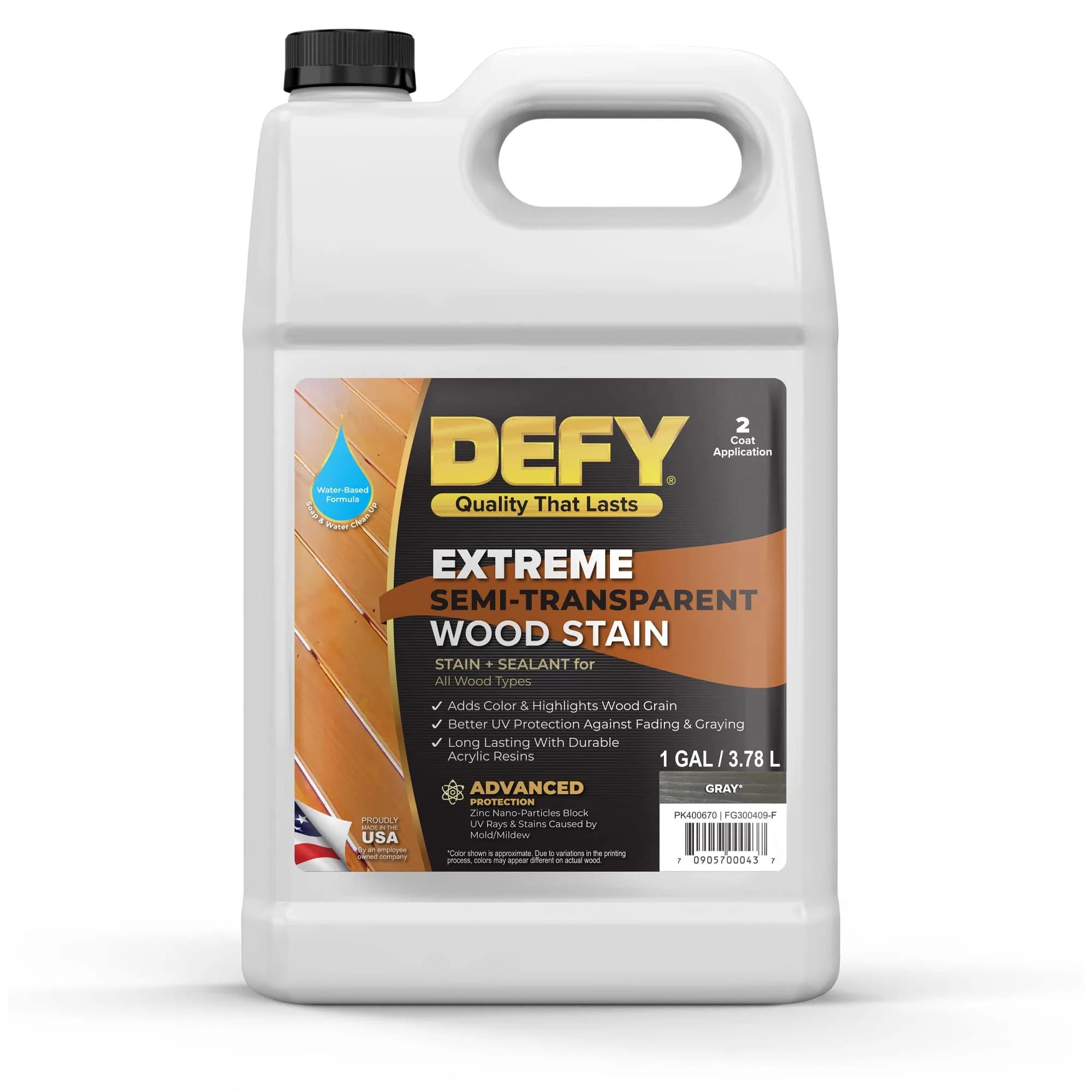 DEFY Extreme Semi-Transparent Outdoor Wood Stain and Sealer in One, Gray, 1 Gallon | UV & Water Resistant for All Wood Types — Gray