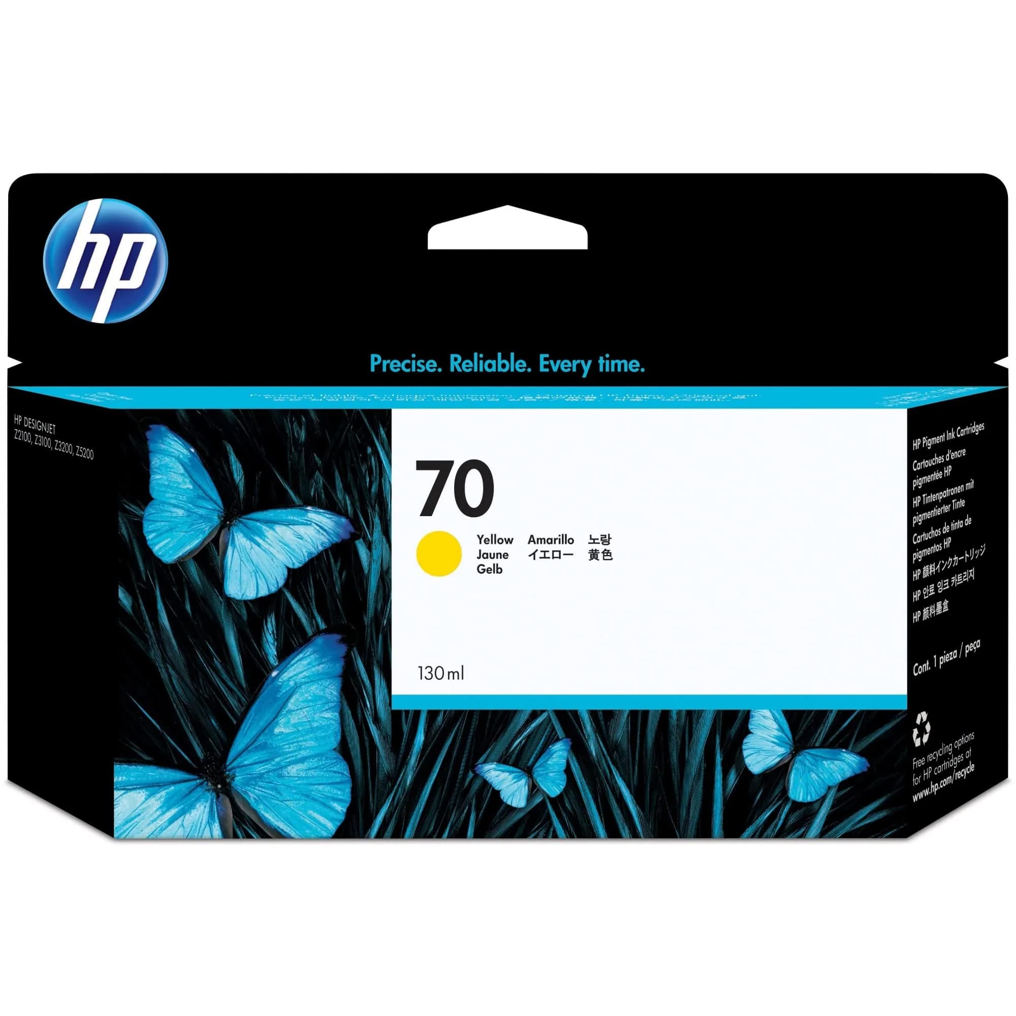 HP 70 Yellow 130-ml Genuine Ink Cartridge for DesignJet Z5400, Z5200, Z3200, Z3100 & Z2100 Large Format Printers — Yellow Printhead