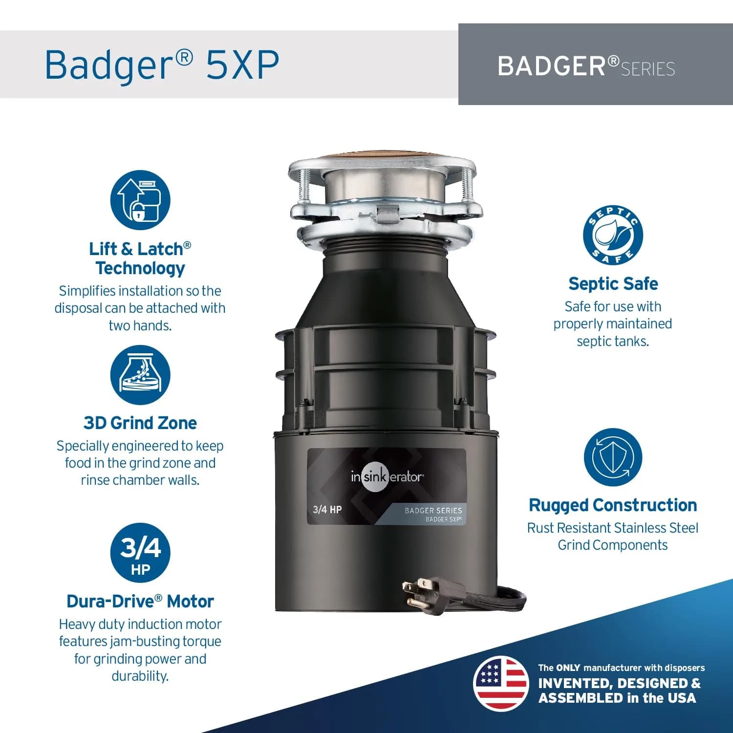 InSinkErator Badger 5XP Garbage Disposal with Power Cord, Badger Series 3/4 HP Continuous Feed Food Waste Disposer thumbnail 2