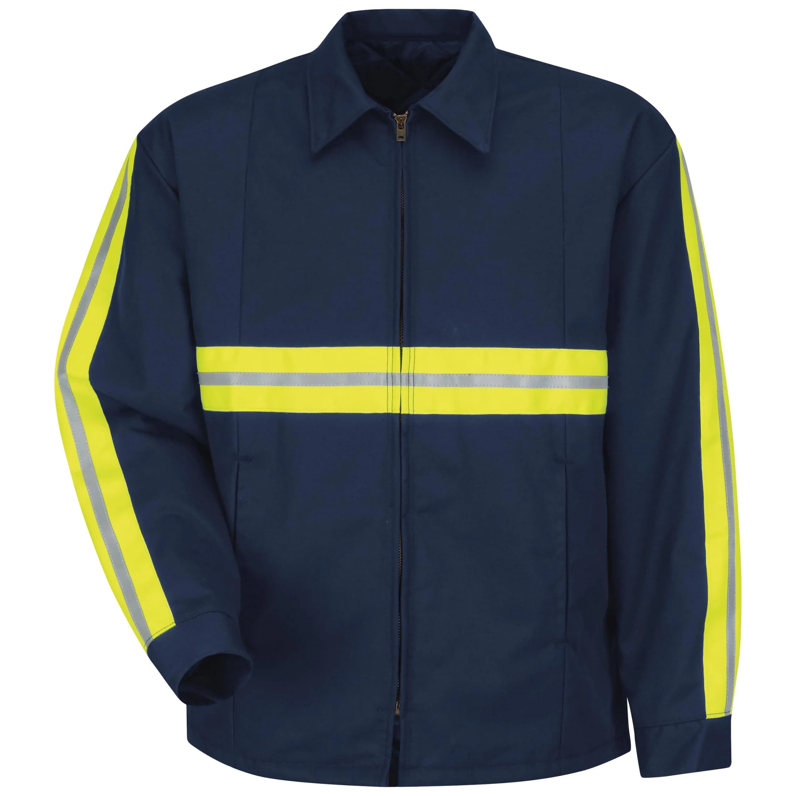 Red Kap Men's Quilt-Lined Panel Jacket, Charcoal, Medium | Durable Work Outerwear with Visibility Trim — Navy With Yellow/Green Visibility Trim