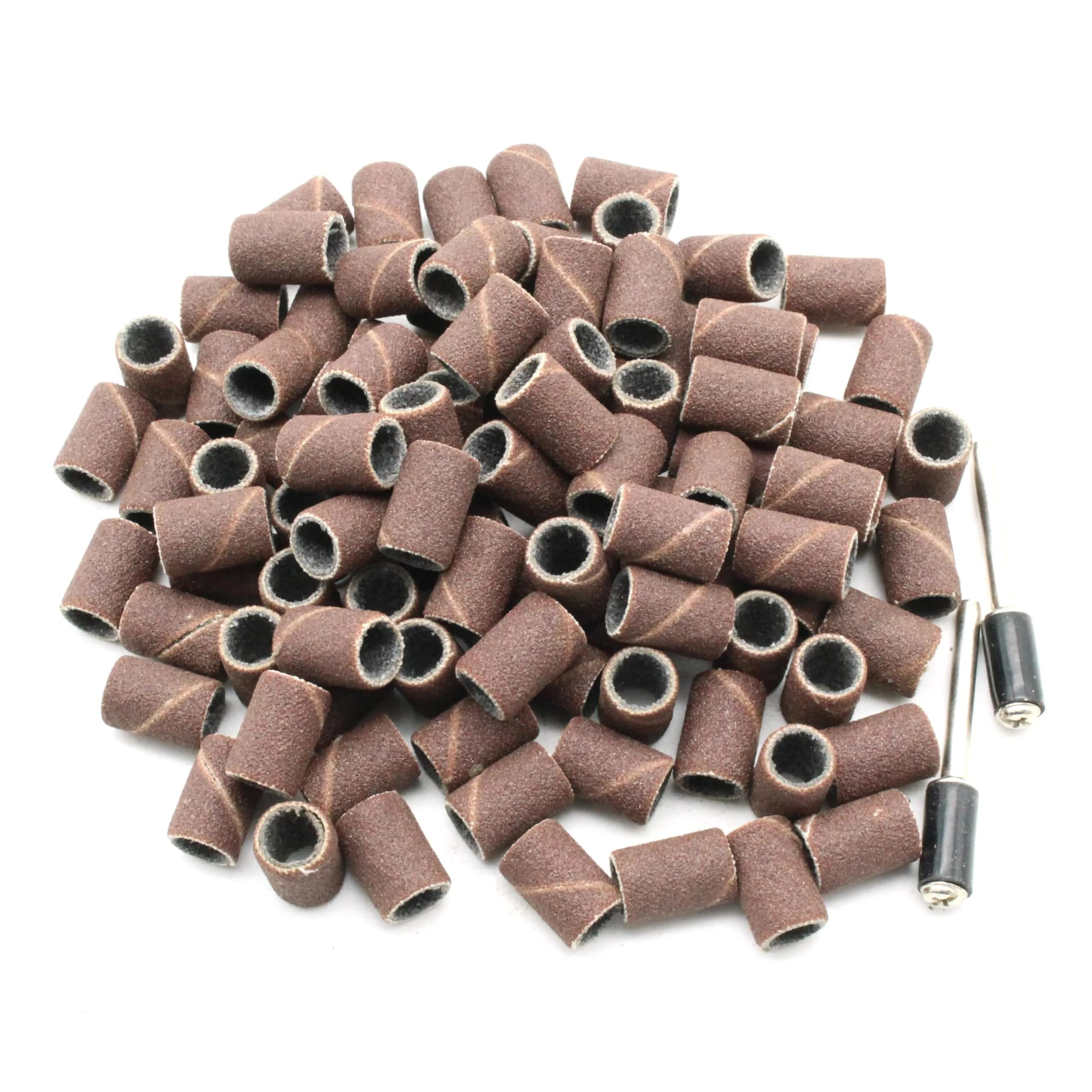 TEMO 100p 1/4" Grit 180 Medium Sand Drum with 2 Mandrels for Rotary Tools | Aluminum Oxide Abrasive (70-120c) - main product image