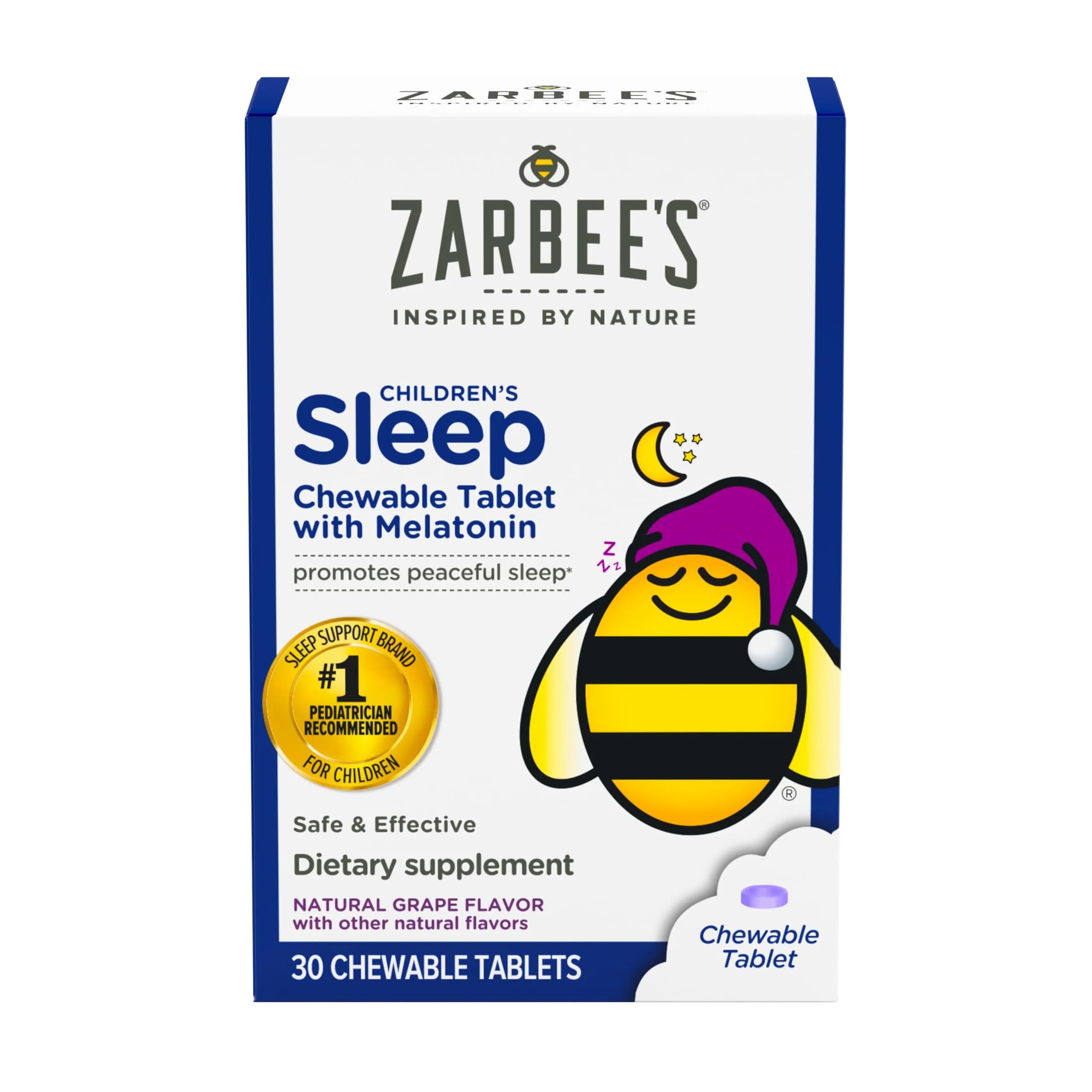 Zarbee's Naturals Children's Sleep Chewable Tablets with Melatonin, Natural Grape Flavor, 30 Count (1 mg Melatonin per Tablet) — Grape Tablets
