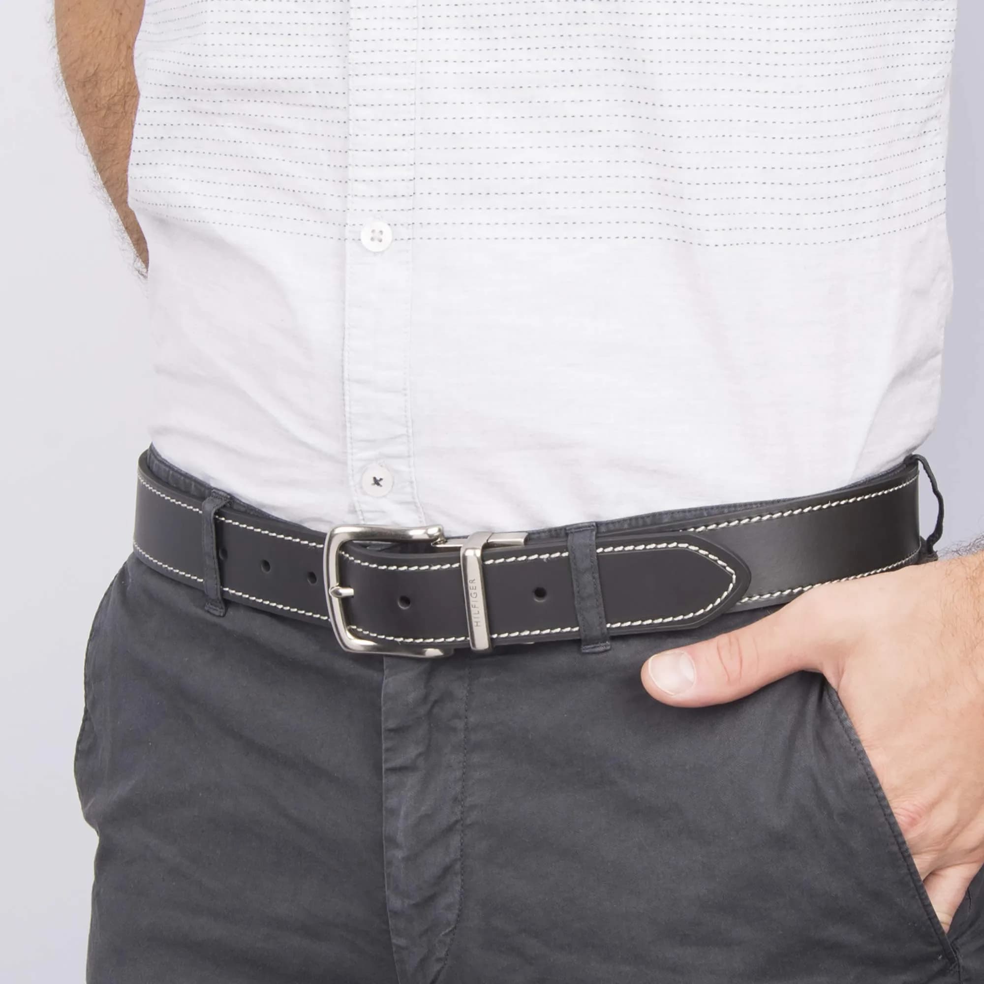 Tommy Hilfiger Men's Reversible Belt - Black/Brown Stitch, Size 38 | 1.25-inch Width - view 4