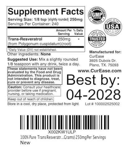 CurEase 100% Pure Trans Resveratrol Powder 60g (2.1 oz) | 250mg Per Serving, 240 Servings thumbnail 3