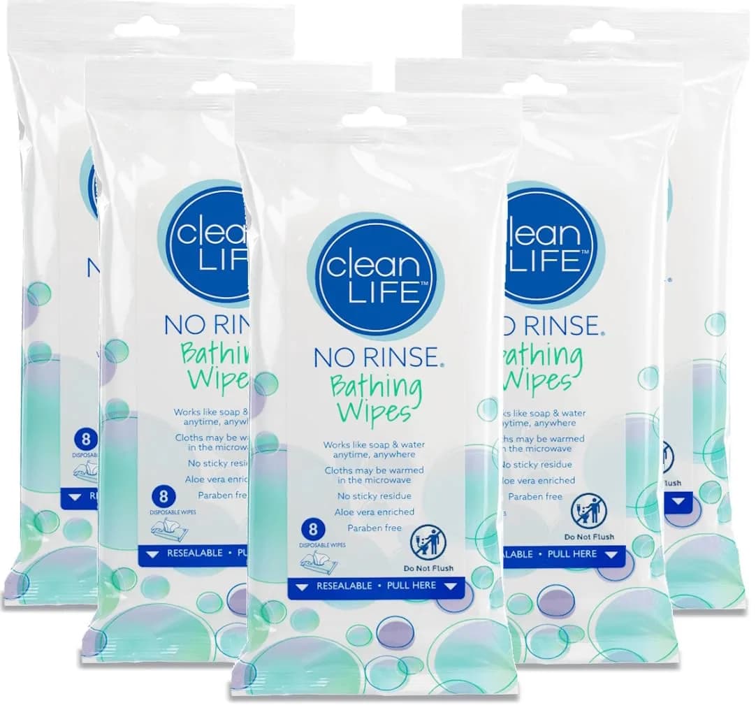 No-Rinse Bathing Wipes (5 Packs of 8) | Moisturizing, Hypoallergenic, Rinse-Free for Adults & Elderly — Blue
