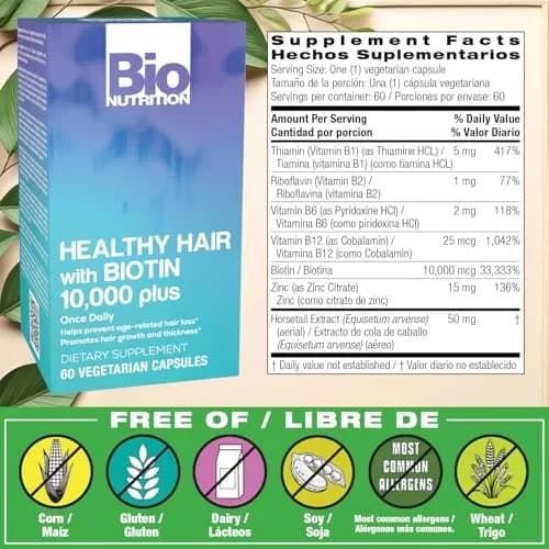 Bio Nutrition Healthy Hair Biotin Vegi-Caps 60 Count | Supports Hair & Nail Growth, Made in USA thumbnail 2