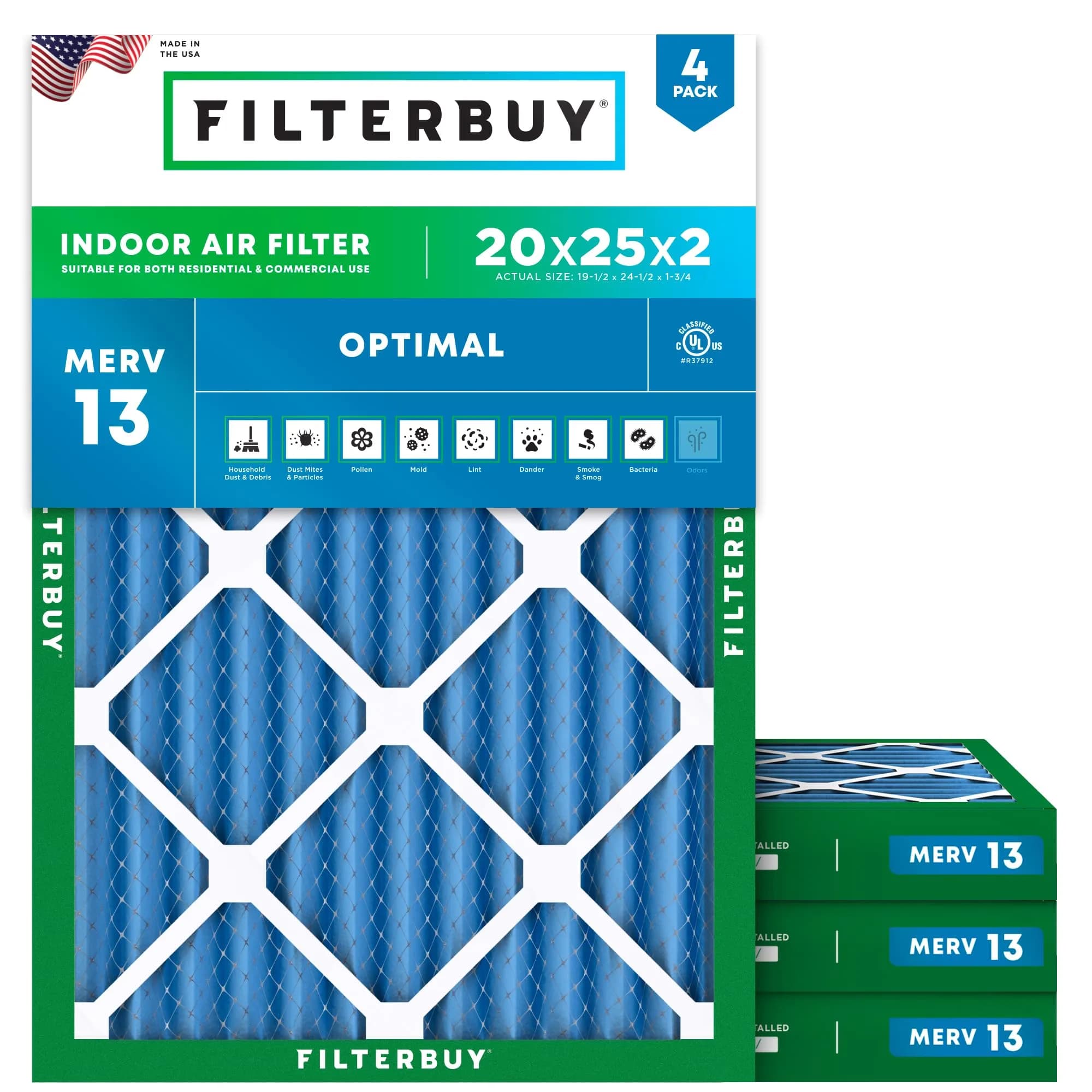 Filterbuy 20x25x2 MERV 13 Air Filter 4-Pack | Smoke & Allergy Defense (Actual Size: 19.50" x 24.50" x 1.75") - main product image