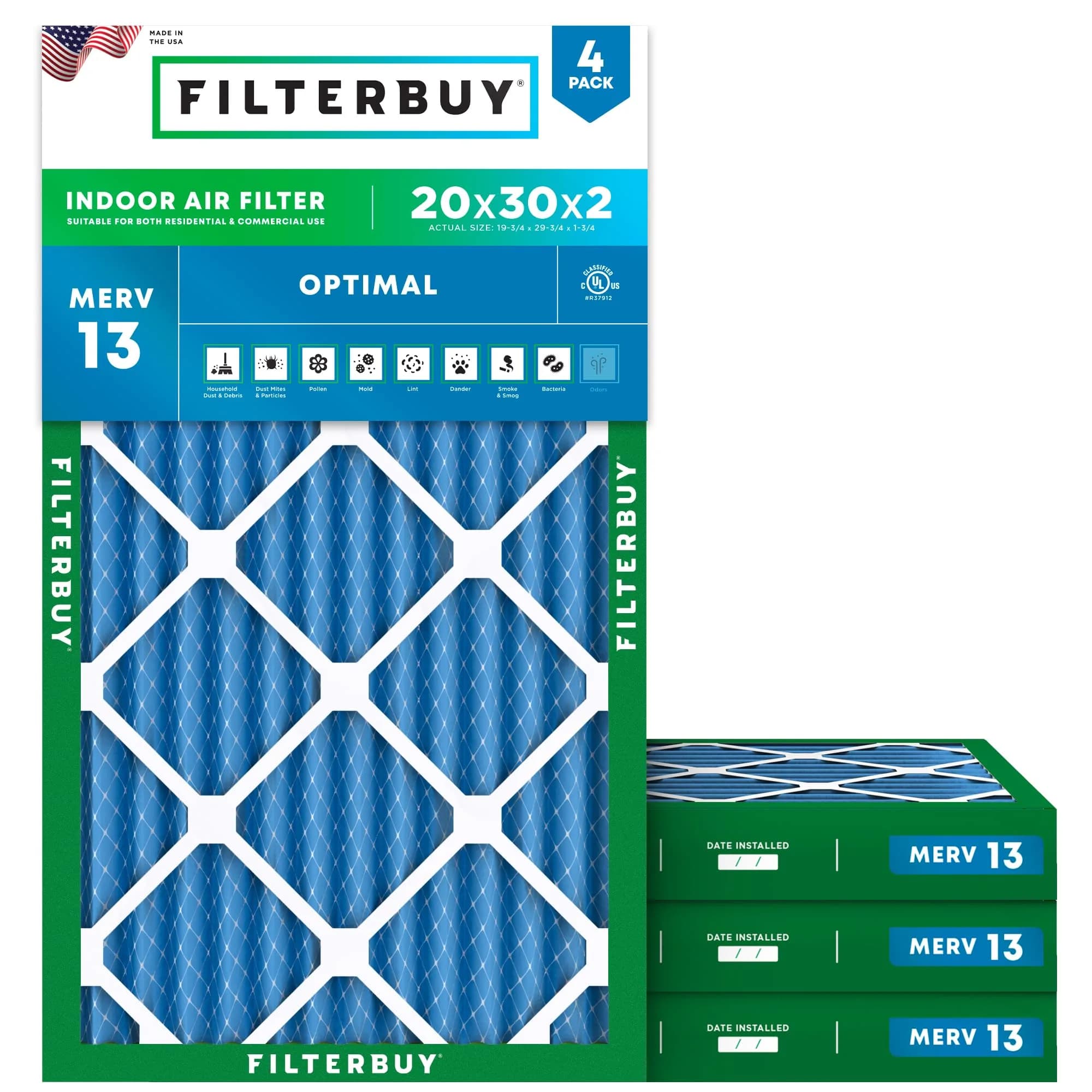 Filterbuy 20x30x2 MERV 13 Air Filter 4-Pack | Captures 98% Dust & Smoke — 20x30x2