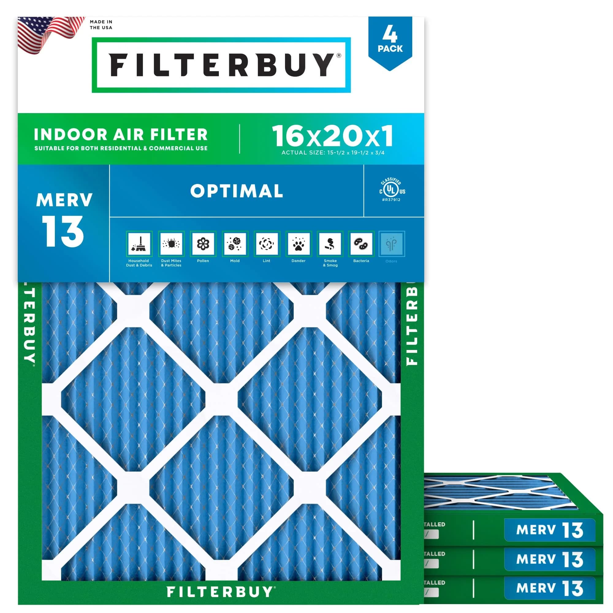 Filterbuy 16x20x1 MERV 13 Air Filter 4-Pack | Captures 98% Dust & Smoke