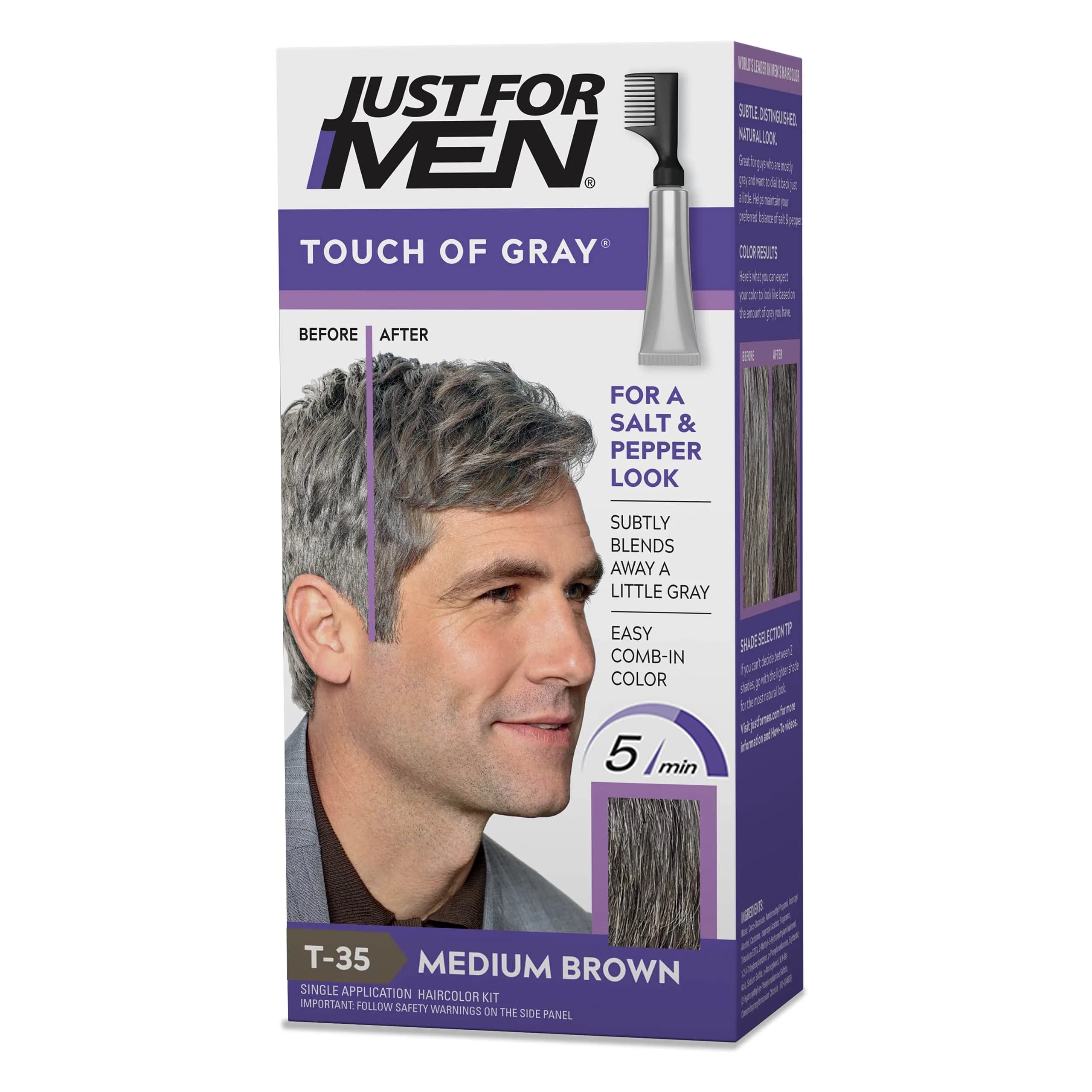 Just for Men Touch of Gray Hair Color, Salt & Pepper Look, Medium Brown T-35 (3 Pack) | Blends Gray Hair for a Natural Look — 1-Pack