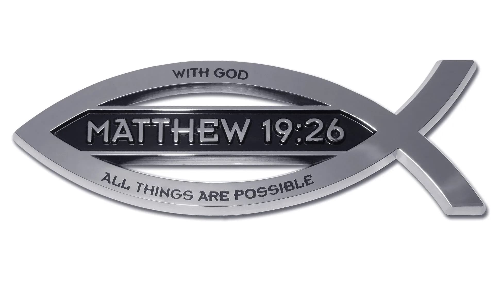 Elektroplate Matthew 19:26 Bible Verse Christian Fish Symbol Chrome Emblem 10.16cm x 3.56cm x 0.51cm | Universal Fit for Cars, SUVs & Trucks - main product image