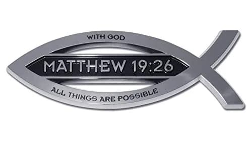 Elektroplate Matthew 19:26 Bible Verse Christian Fish Symbol Chrome Emblem 10.16cm x 3.56cm x 0.51cm | Universal Fit for Cars, SUVs & Trucks thumbnail 1