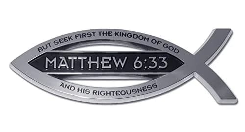 Elektroplate Matthew 6:33 Bible Verse Christian Fish Symbol Chrome Emblem 10.2cm (4") | Premium Chrome Plated Auto Emblem thumbnail 1