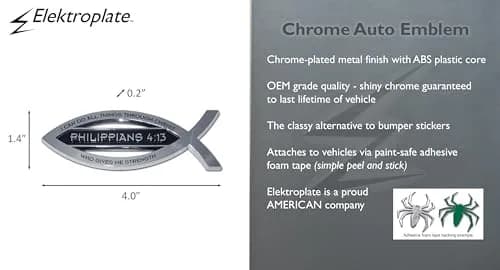 Elektroplate Philippians 4:13 Bible Verse Fish Symbol Chrome Emblem 11.2cm (4.4" L x 1.4" W x 0.2" H) | Christian Faith Auto Emblem thumbnail 3