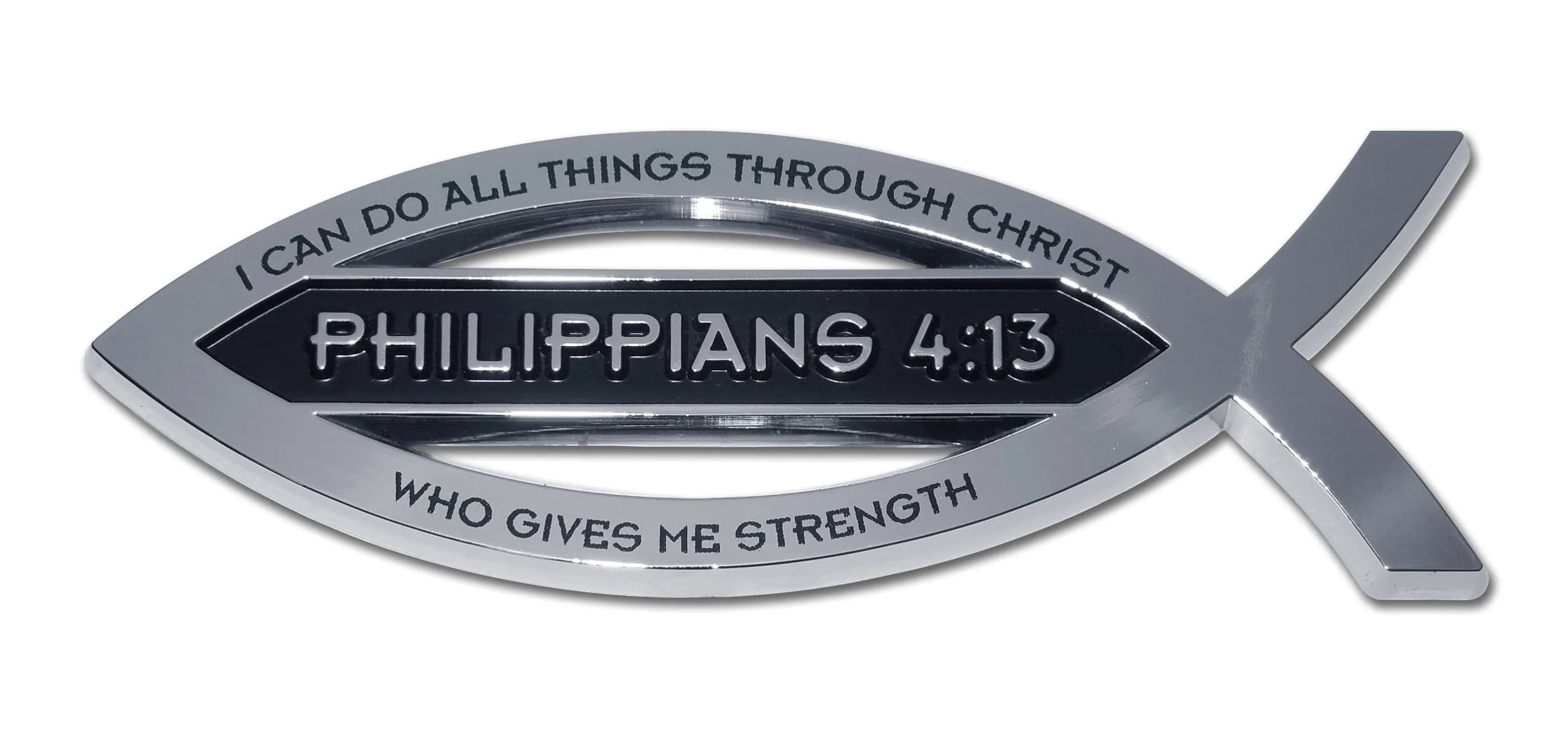 Elektroplate Philippians 4:13 Bible Verse Fish Symbol Chrome Emblem 11.2cm (4.4" L x 1.4" W x 0.2" H) | Christian Faith Auto Emblem - main product image