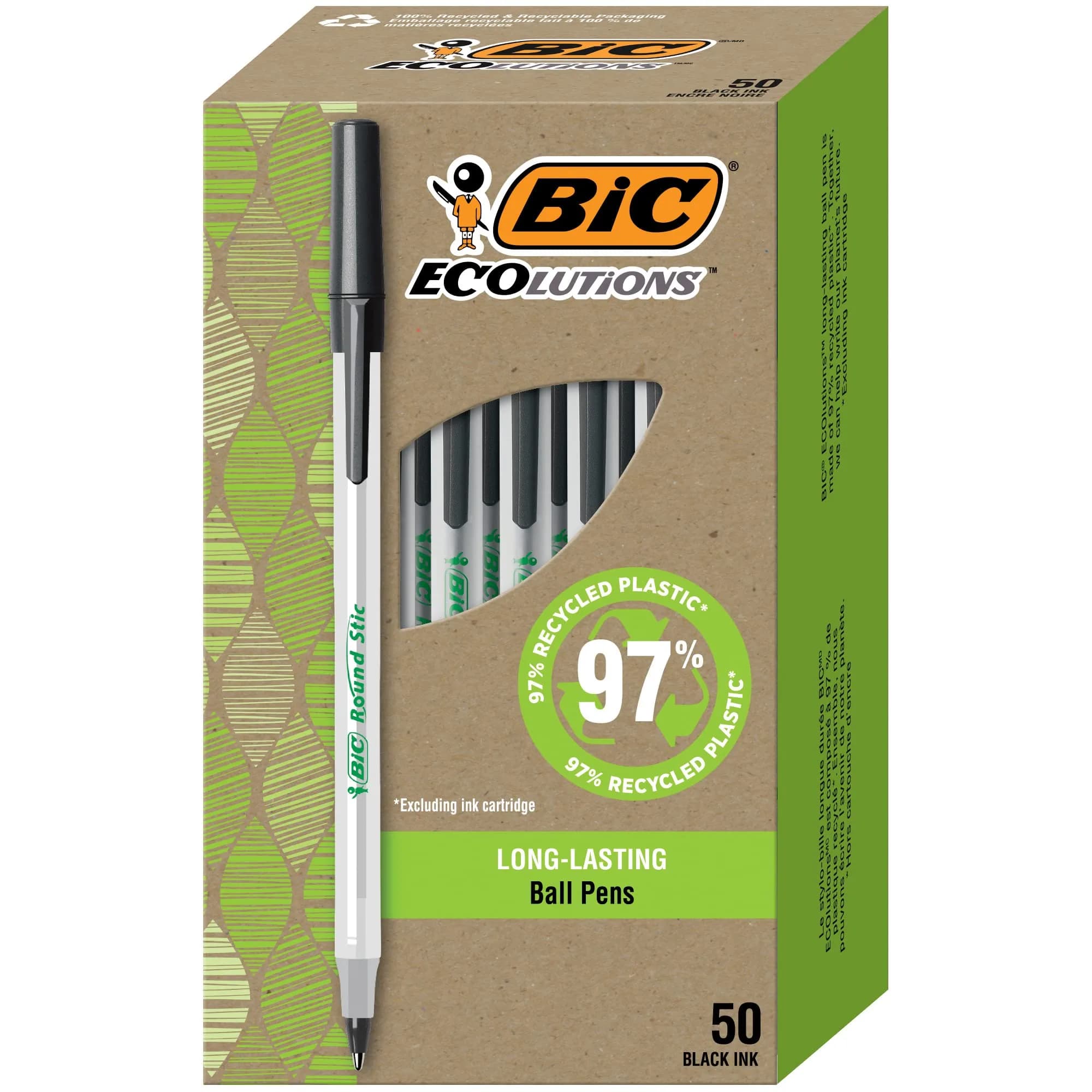 BIC Ecolutions Round Stic Ballpoint Pens, Medium Point (1.0mm), 50-Count Pack, Black Ink | Smooth Writing for Students & Office - main product image