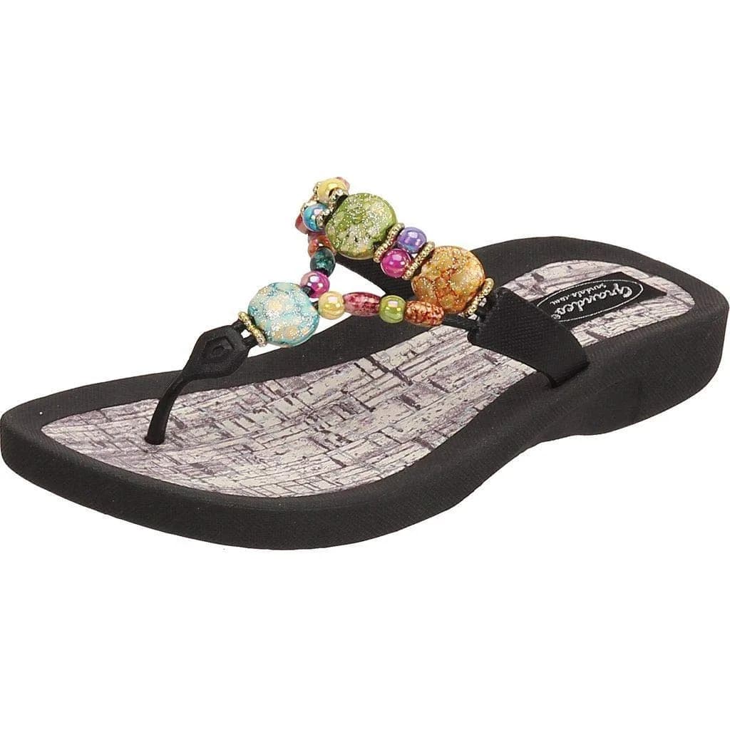Grandco Women's 24770G Marble Cork Beaded Waterproof Molded Sole Beach Thong Sandals, Black, 6 | Trendy, Comfortable & Waterproof — Black