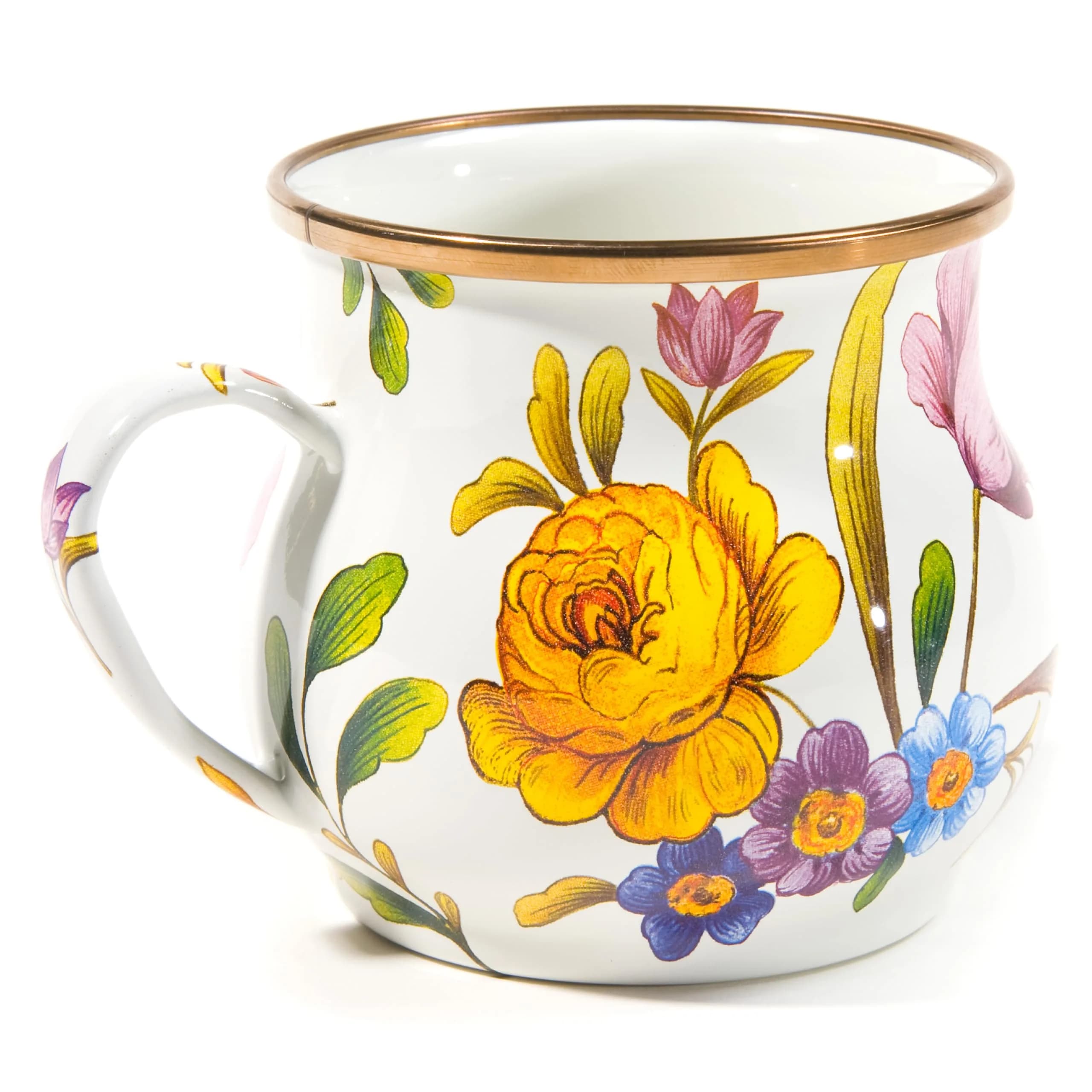 MACKENZIE-CHILDS Enamel Mug 16 Ounces | Floral White Flower Market, Hand-Glazed Steel