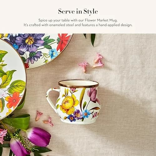 MACKENZIE-CHILDS Enamel Mug 16 Ounces | Floral White Flower Market, Hand-Glazed Steel thumbnail 2