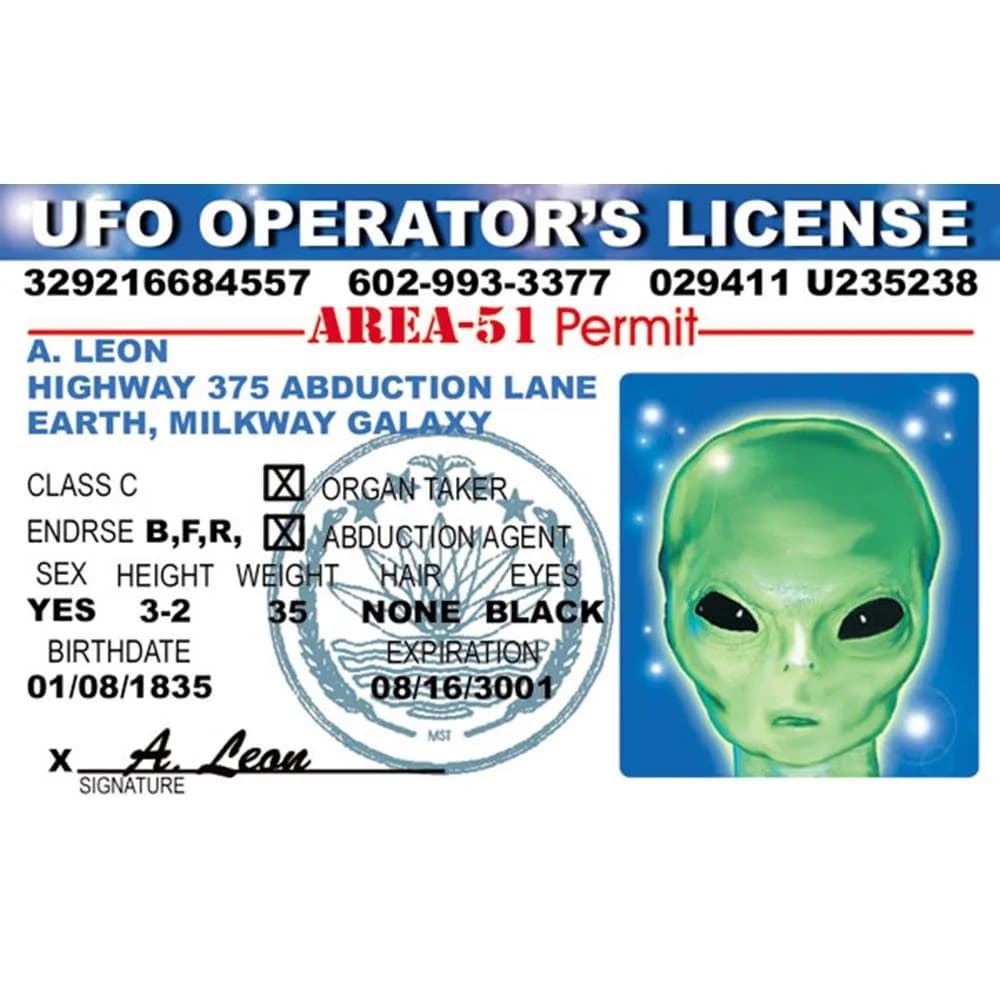 Signs 4 Fun Parody Driver's License - Alien UFO ID | Humorous Gag Gift, Collectible Fun