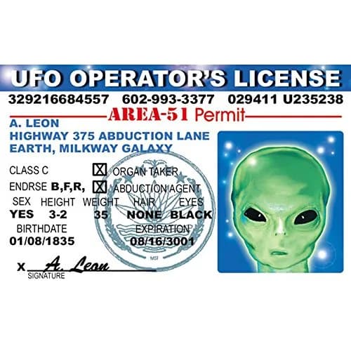 Signs 4 Fun Parody Driver's License - Alien UFO ID | Humorous Gag Gift, Collectible Fun thumbnail 1