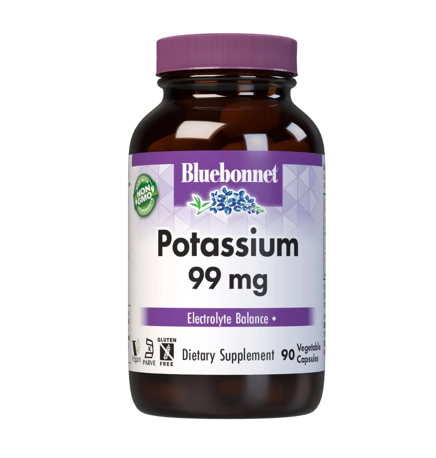 BlueBonnet Potassium Supplement Aspartate 99mg | Essential Mineral for Electrolyte Balance, Vegan & Non-GMO (90 Veggie Capsules) — No Color