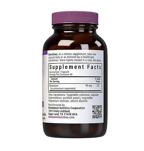 BlueBonnet Potassium Supplement Aspartate 99mg | Essential Mineral for Electrolyte Balance, Vegan & Non-GMO (90 Veggie Capsules) thumbnail 2