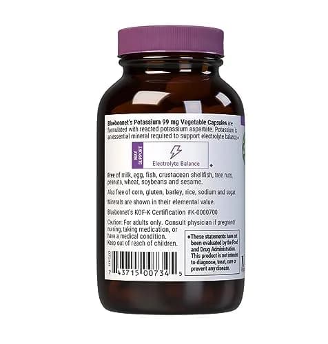 BlueBonnet Potassium Supplement Aspartate 99mg | Essential Mineral for Electrolyte Balance, Vegan & Non-GMO (90 Veggie Capsules) thumbnail 3