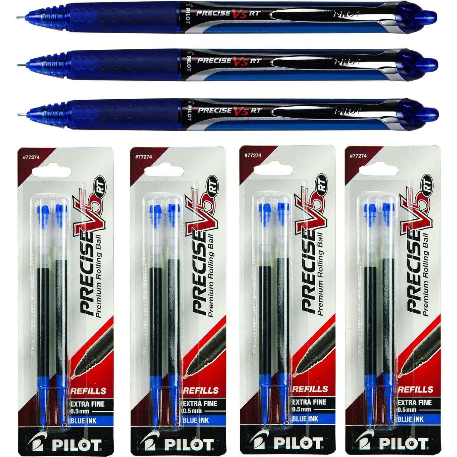 Pilot Precise V5 RT Rolling Ball Pens with Refills, Blue Ink, 0.5mm Extra Fine Point | Smooth Ink Flow - main product image