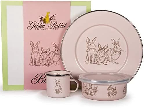 Golden Rabbit Enamelware Child Dinnerware Set: Plate, Mug and Bowl with Lid, Pink Bunnies | Durable Porcelain Enamel Finish for Kids thumbnail 1