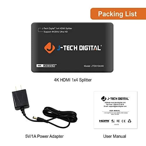 J-Tech Digital JTD0104/4K 4-Port HDMI 1x4 Powered Splitter 3840x2160 (15.2 cm L x 5.3 cm W x 18.3 cm H) thumbnail 6