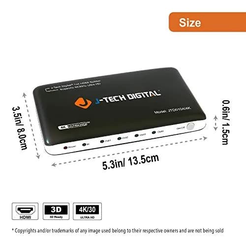 J-Tech Digital JTD0104/4K 4-Port HDMI 1x4 Powered Splitter 3840x2160 (15.2 cm L x 5.3 cm W x 18.3 cm H) thumbnail 2