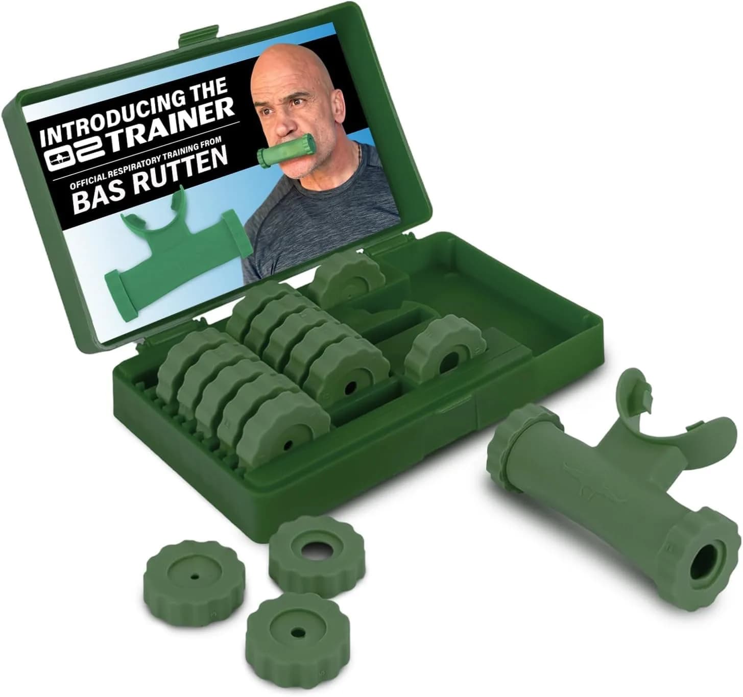 O2Trainer Breathing Muscle Trainer | Endurance & Lung Power for Athletes, Singers & High-Altitude | 16 Resistance Caps | Blue — Green