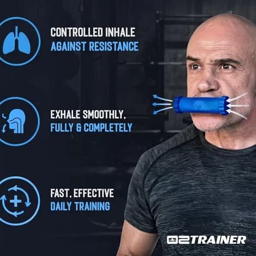 O2Trainer Breathing Muscle Trainer | Endurance & Lung Power for Athletes, Singers & High-Altitude | 16 Resistance Caps | Blue thumbnail 3