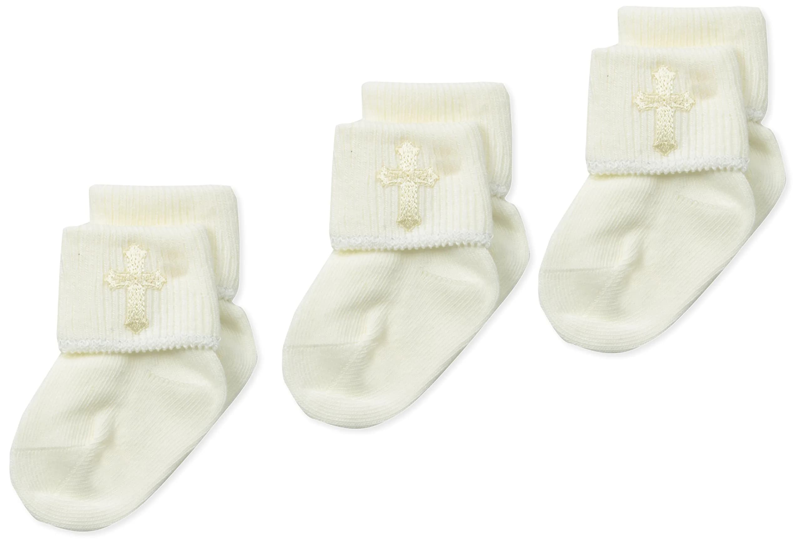 Jefferies Socks Newborn Christening Turn Cuff Socks 3 Pair Pack | Seamless Toe & Cross Applique (110 characters)