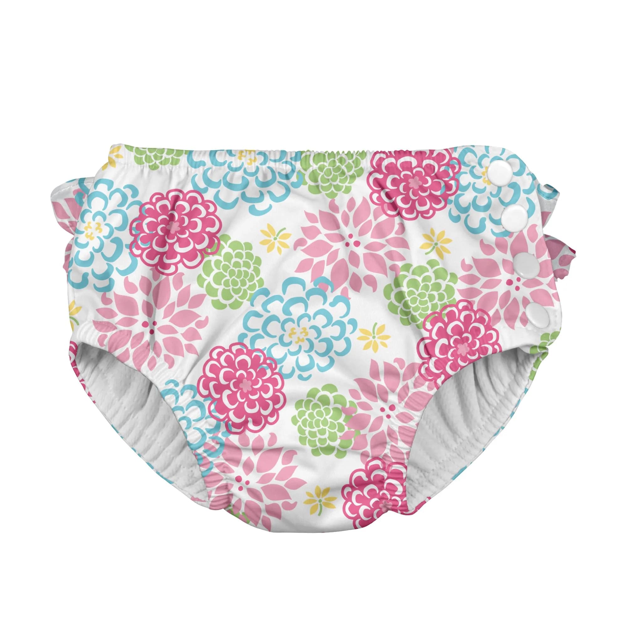 Green Sprouts Ruffle Snap Reusable Absorbent Swimsuit Diaper 18mo | Secure, Lightweight & Eco-Friendly — White Zinnia