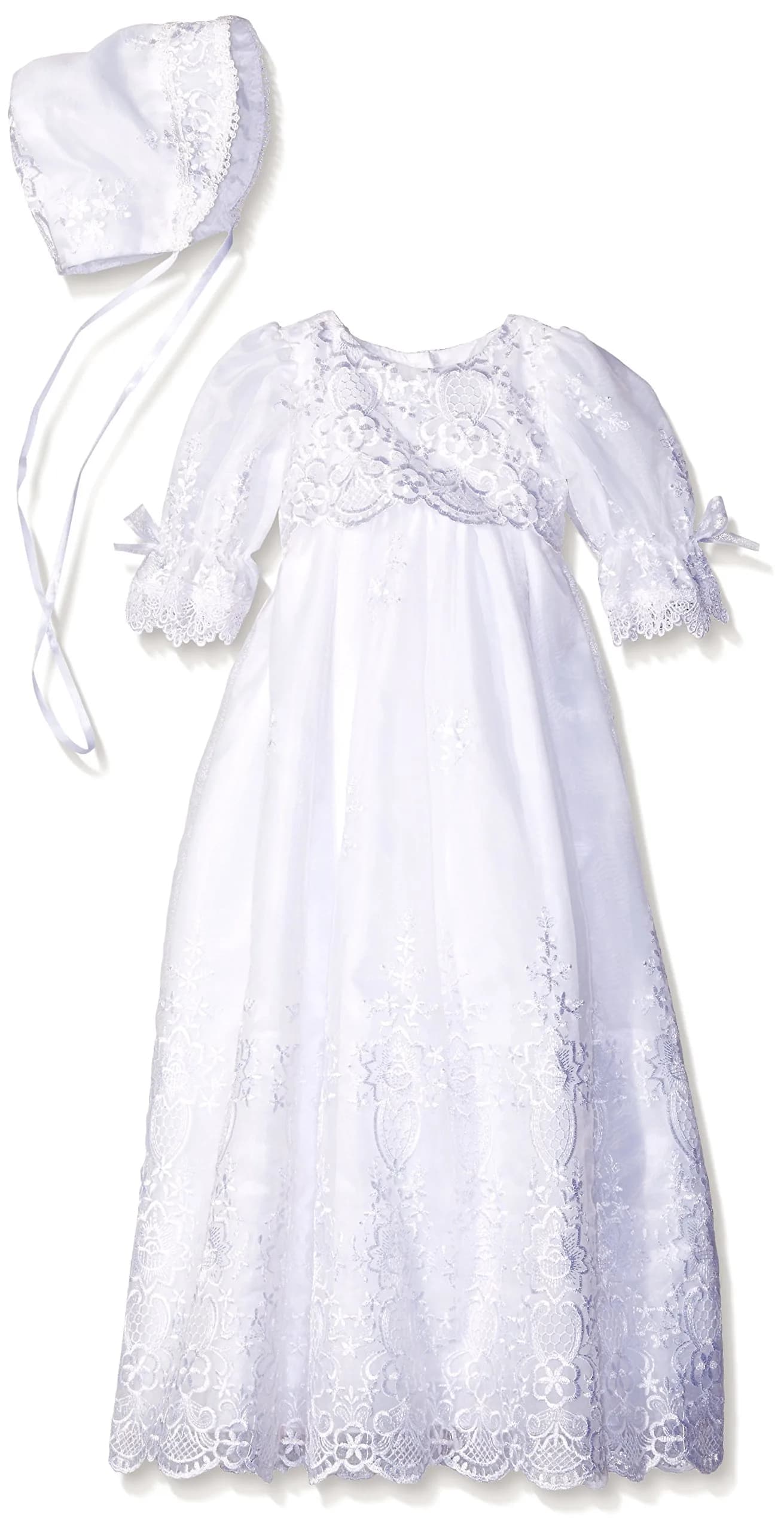 Swea Pea & Lilli Long White Embroidered Organza Baby Girl Dress Gown with Matching Hat 3-6 Months