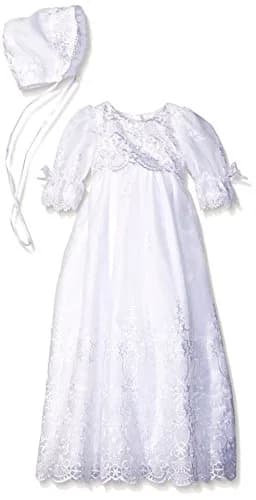 Swea Pea & Lilli Long White Embroidered Organza Baby Girl Dress Gown with Matching Hat - M (6-12 Months, 13-17 lbs) | Special Occasion thumbnail 1