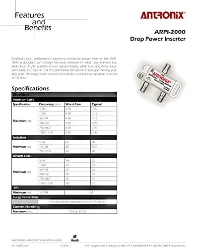 Antronix ARPI-2000 Drop Power Inserter Module 1.87" W x 2.38" L | Combines RF Signals & DC Voltage for Amplifiers thumbnail 6