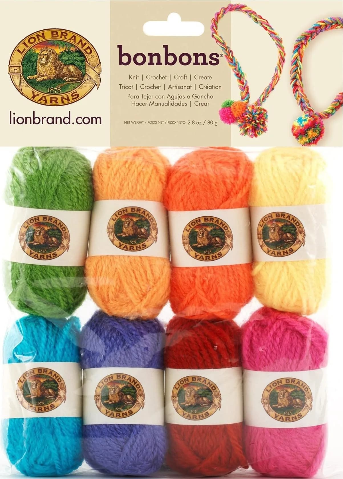Lion Brand Yarn Bonbons 680 Crayons Yarn Pack | 8 Mini Skeins, 28yd Each, Weight Category 2 - main product image