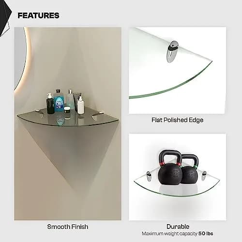 Fab Glass and Mirror Corner Glass Shelf, 6" x 6" | Tempered Clear Glass, Wall Mount thumbnail 3