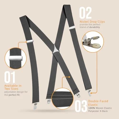 Hold'Em Men’s X-Back Adjustable Suspenders Grey | Premium Quality, Classic Style, 46" Long thumbnail 7
